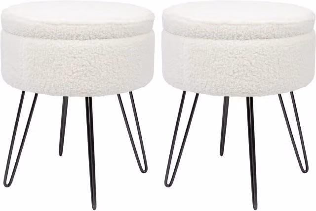 Harbour Housewares Pack of 2 Round Boucle Storage Footstools with Hairpin Legs, Cream and Black, H46 x D37 cm – 1
