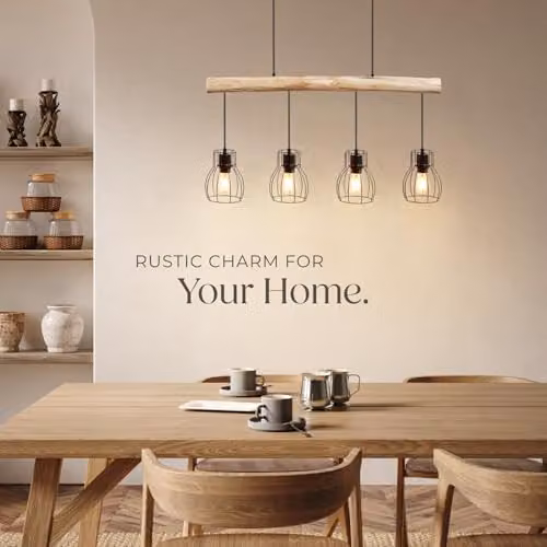 tectake Industrial Style Pendant Light with Wood Beam and 4 Black Cage Lampshades, Adjustable Height, Black and Wood – 3