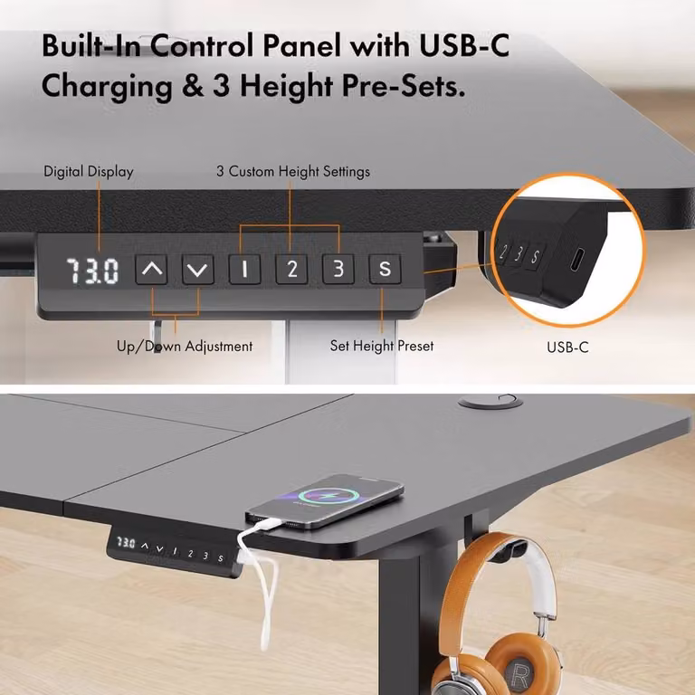 NESTLUNE Electric Height Adjustable Standing Desk in Black with Maple Wood Top, W: 120 cm, D: 60 cm