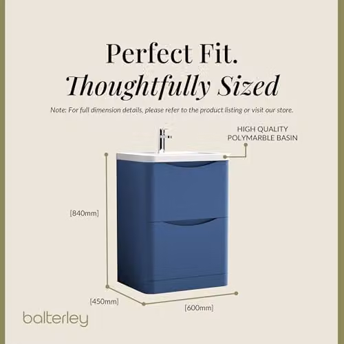 Balterley Floor Standing Blue Vanity Unit with Rectangular Basin and 2 Soft Close Drawers, W: 60.0 cm, D: 44.5 cm, H: 84.0 cm – 2