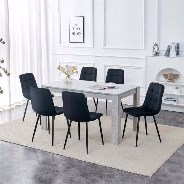 Kosy Koala Stone Grey Effect Wooden Dining Table Set with 6 Black Velvet Chairs in Brown – 1