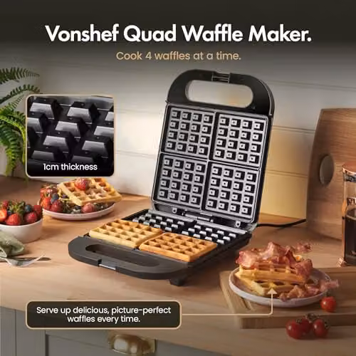 VonShef 1400W Large 4 Slice Waffle Maker with Non-Stick Plates in Black – 2