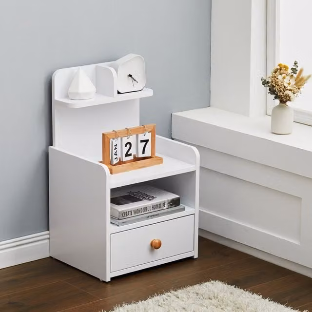 Livingandhome White Wooden Bedside Table with Drawer, Height: 60.5 cm