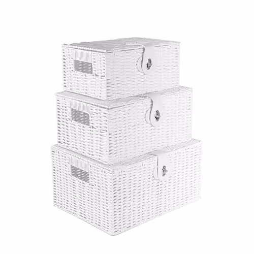 INNOTECK 3-Piece White Wicker Storage Basket Set with Lids and Handles – 1