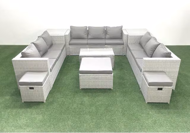 Fimous 12-Seater Rattan Outdoor Sofa Set with Tempered Glass Table and Cushions in Light Grey and Dark Grey