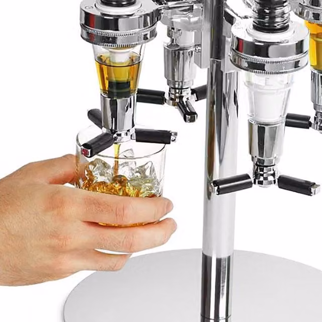 Oypla Rotating Four Bottle Spirit Drink Dispenser Stand in Silver Metal