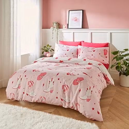 Sassy B Cowgirl Boot Reversible Single Duvet Cover and Pillowcase Set, Pink, W/D/H: 135 x 200 cm, Pillowcase: 50 x 75 cm
