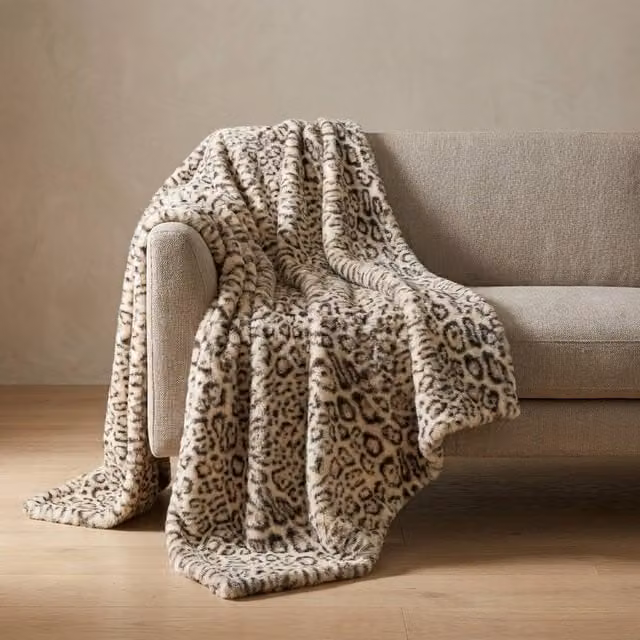 Garden Greatness Leopard Print Faux Fur Cosy Throw in Beige and Multicolour, 200 x 200 cm