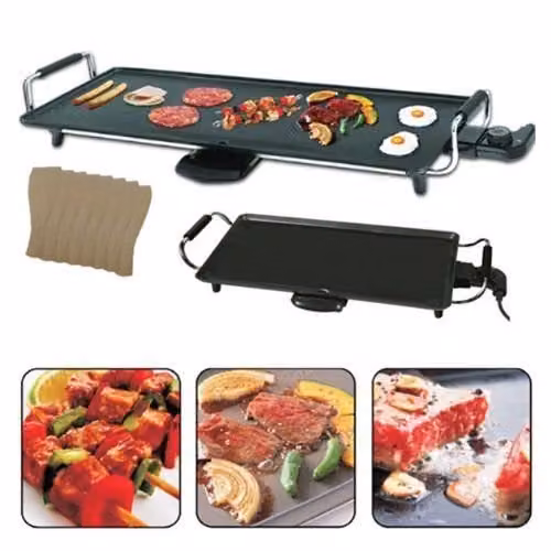 Trendi Electric Teppanyaki Grill Griddle in Black with 8 Wooden Spatulas, Non-Stick Hot Plate and Adjustable Temperature Control