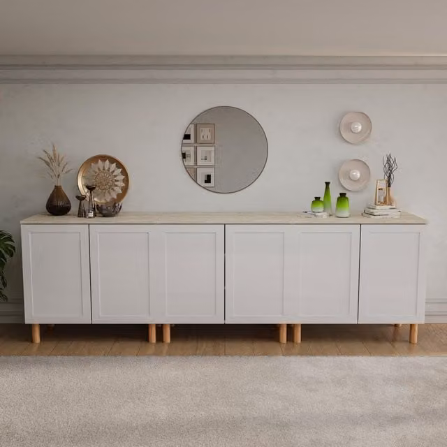 Decorotika Boli Sideboard in White and Travertine, Width: 270 cm