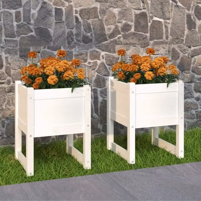 Berkfield Home White Solid Wood Pine Planter Tub, 2 Pack, W/D/H: 40 x 40 x 52.5 cm