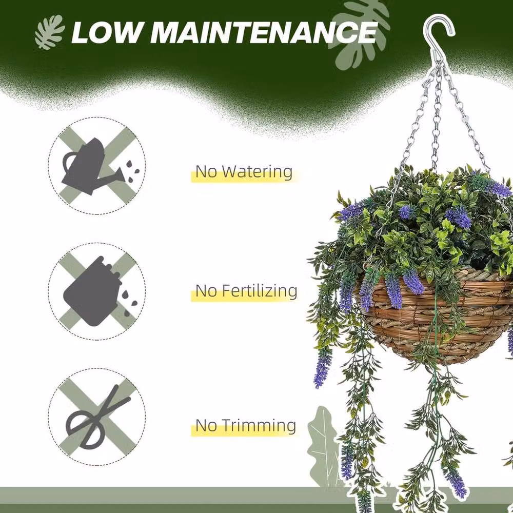 Kelvenix Set of 2 Green Hanging Artificial Lavender Plants in Rattan Baskets – 2