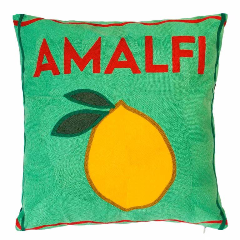 The Pillow Drop Amalfi Needlepoint Square Velvet Cushion in Yellow and Green, W/D/H: 45 x 45 x 45 cm
