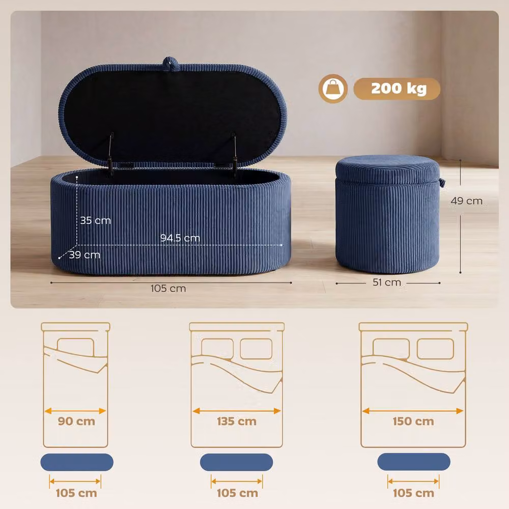 STILVORA Blue Corduroy Storage Ottoman with Hidden Compartment – 3