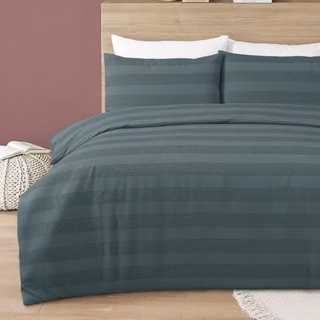 MHG Living Marley Waffle Stripe Polycotton Blend Duvet Cover Set in Grey or Blue, 140 x 200 cm