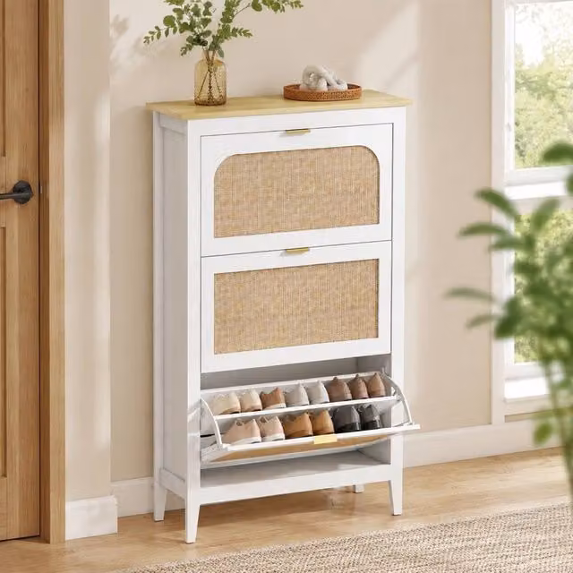 STILVORA Slim White Rattan Shoe Cabinet with 3 Tilting Compartments – 1