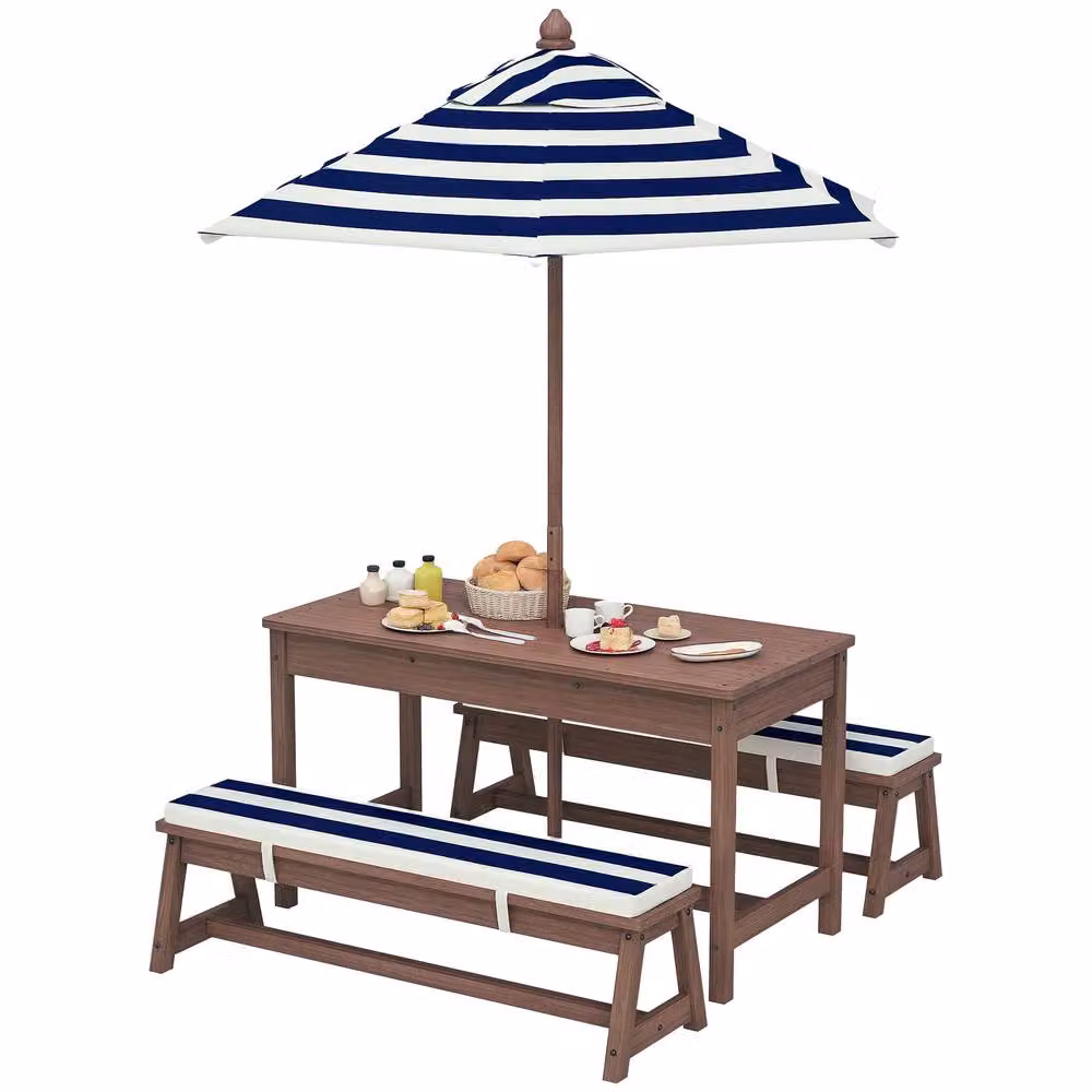 AIYAPLAY Kids Picnic Table and Benches Set with Striped Umbrella in Dark Brown Wood – 2