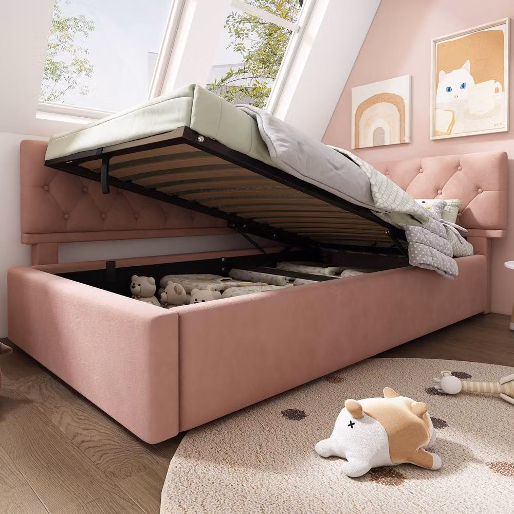 BTM Pink Velvet Single Sofa Bed with Hydraulic Storage and Metal Frame, W/D/H: 90 x 190 cm – 8