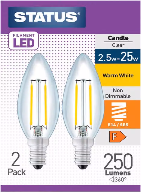 Status Pack of 2 Warm White Vintage LED Filament Candle Bulbs, Transparent, E14 Base