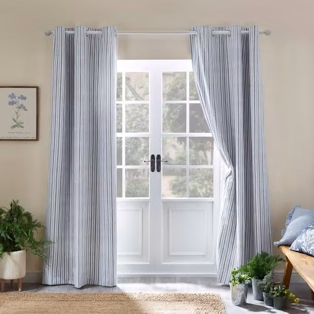 Catherine Lansfield Logan Blue Striped Eyelet Curtains