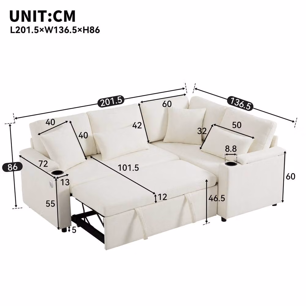 ModernLuxe L-Shape Extendable Sofa Bed with Pull Out Bed, Storage and Cup Holders in Beige – 4