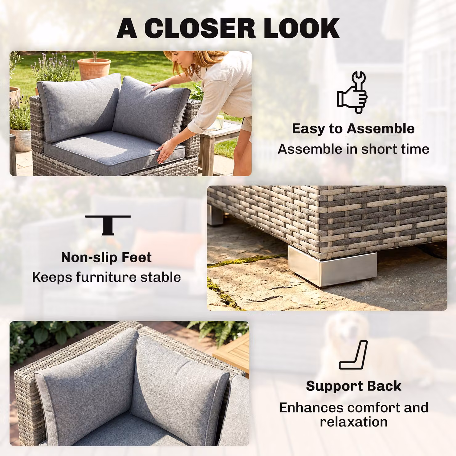 Outsunny Grey PE Rattan Wicker Corner Garden Sofa Chair with Cushions – 3