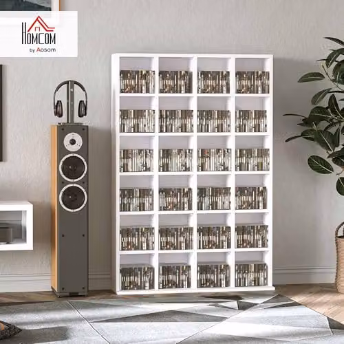 HOMCOM Modern White Wooden CD and DVD Media Storage Unit with Adjustable Shelves, W: 89 cm, H: 130.5 cm – 2