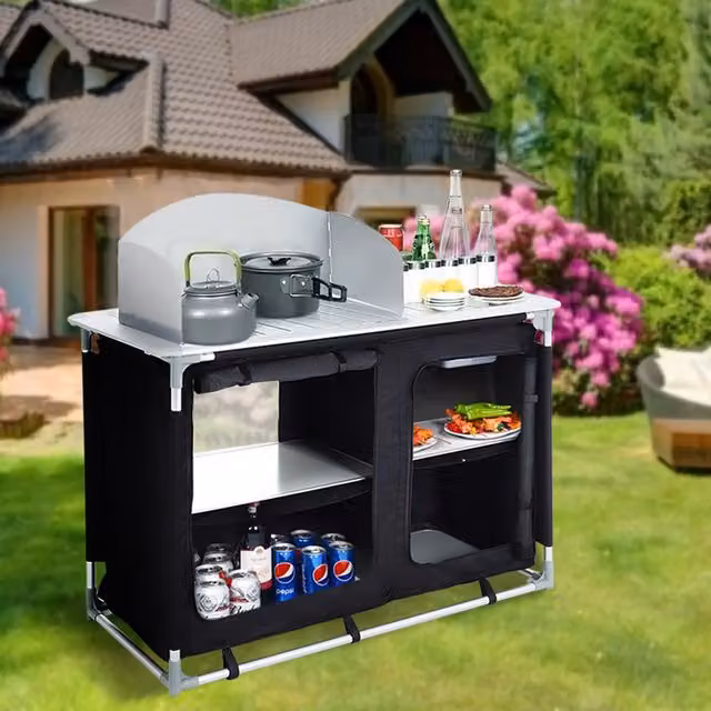 Livingandhome Black Folding Portable Camping Table and Kitchen Cookware Storage Cupboard in Aluminium and Stainless Steel