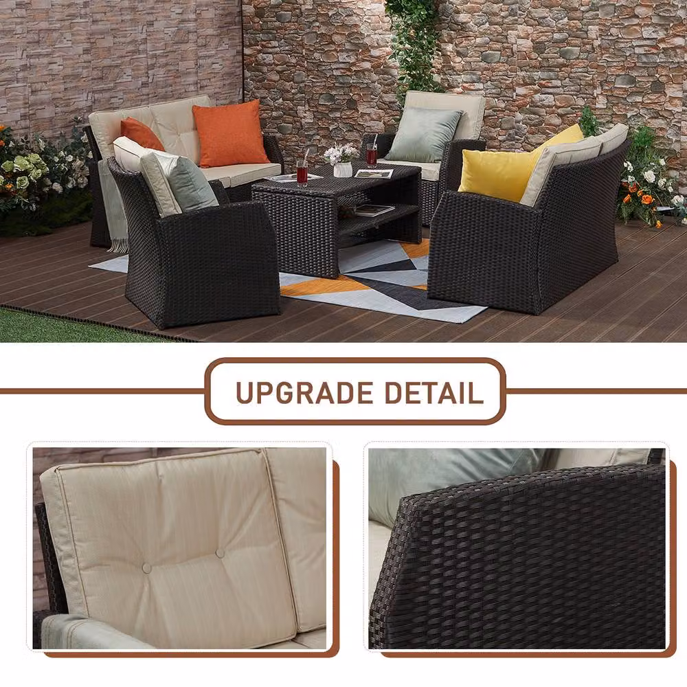 FURNITURE ONE 6 Seater Rattan Garden Furniture Set with Coffee Table in Brown and Beige – 4