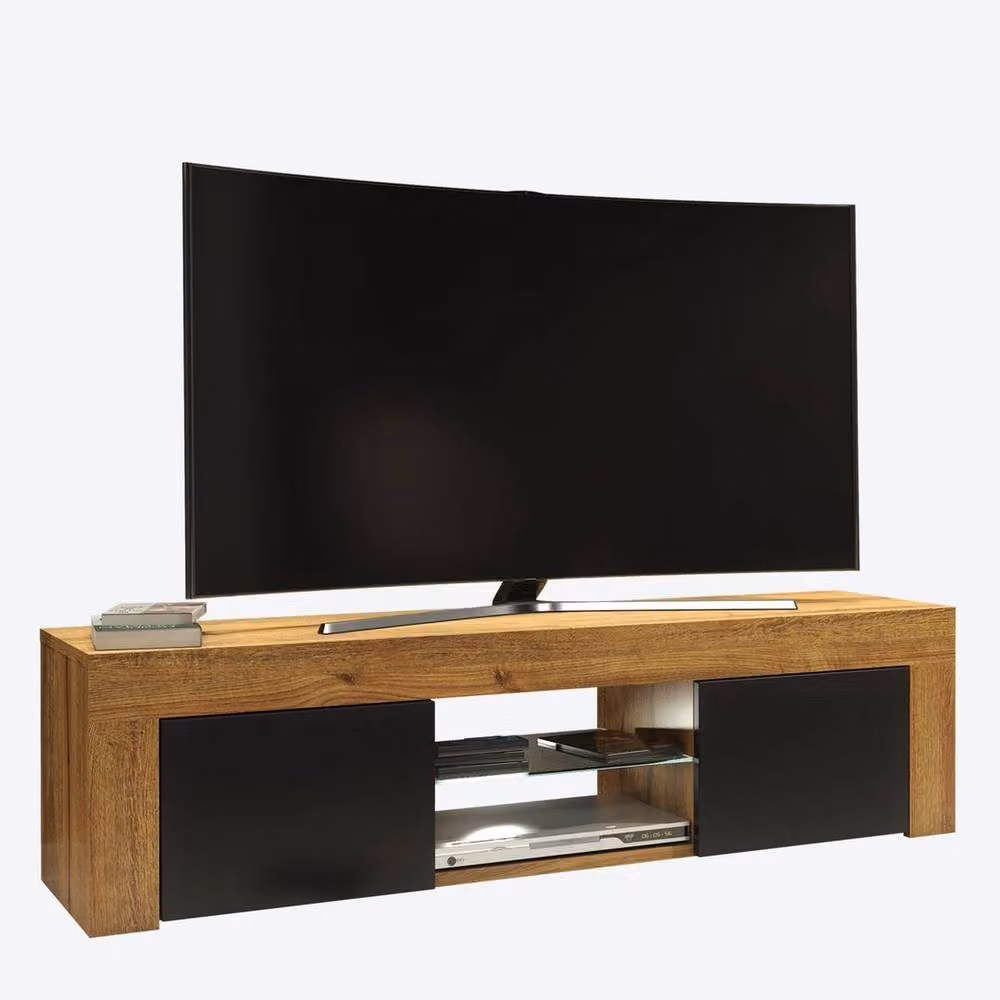 FORGEVIO Modern Wood and Glass TV Unit Cabinet Sideboard Stand with Integrated Lighting in Brown, Black or White – 2