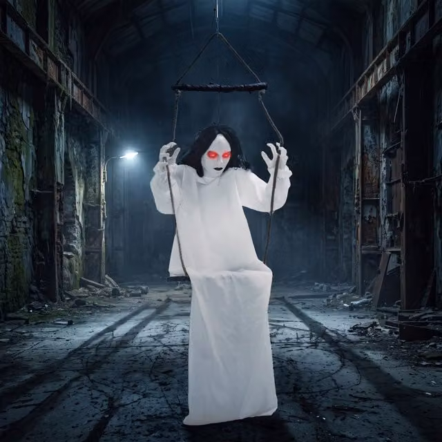 HOMCOM 170cm Animated Hanging Swing Ghost with Glowing Red Eyes in White