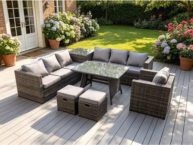 Fimous 7 Seater Anthracite Grey Rattan L-Shape Corner Sofa Set with Armchairs, Ottoman and Coffee Table