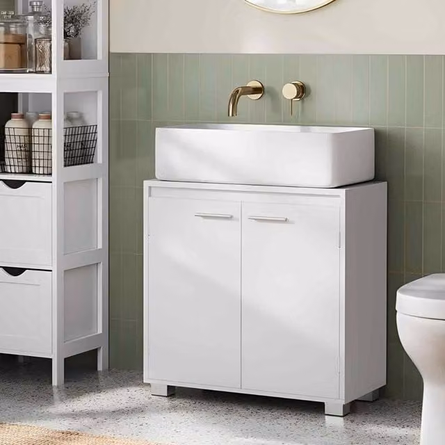 The Bazaarist Under Sink Bathroom Vanity Storage Cabinet with Double Hinged Doors in Soft White