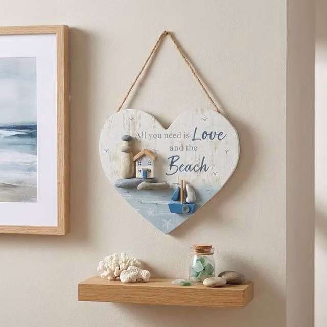 Garden Greatness Nautical Blue and Multicolour Hanging Wooden Coastal Heart Wall Plaque