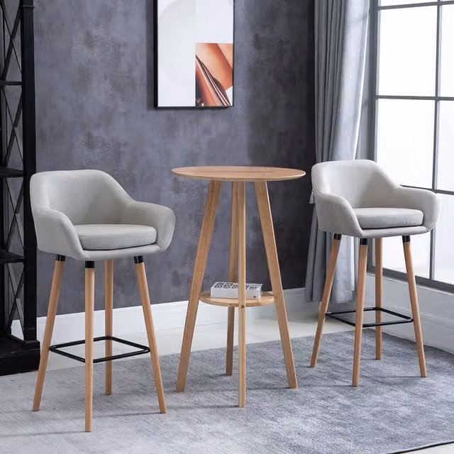 HOMCOM Set of 2 Modern Upholstered Fabric Bucket Seat Bar Stools with Armrests and Wood Legs in Beige – 2