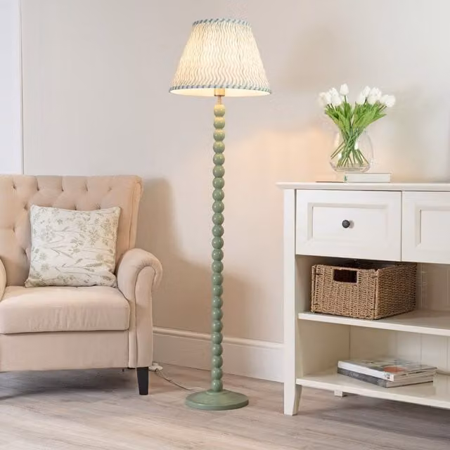 ValueLights Bobbins Sage Green Floor Lamp with Fabric Pleated Shade and LED Bulb – 1