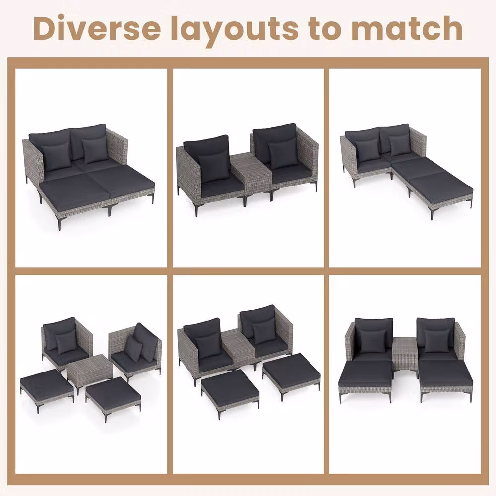 Costway 5-Piece Grey PE Rattan Patio Conversation Set with Upholstered Cushions and Side Table – 9