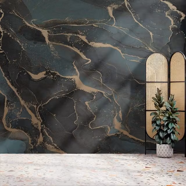 Superfresco Easy Marble Abstract Wall Mural in Petrol, Gold and Blue, W: 300 cm, H: 280 cm
