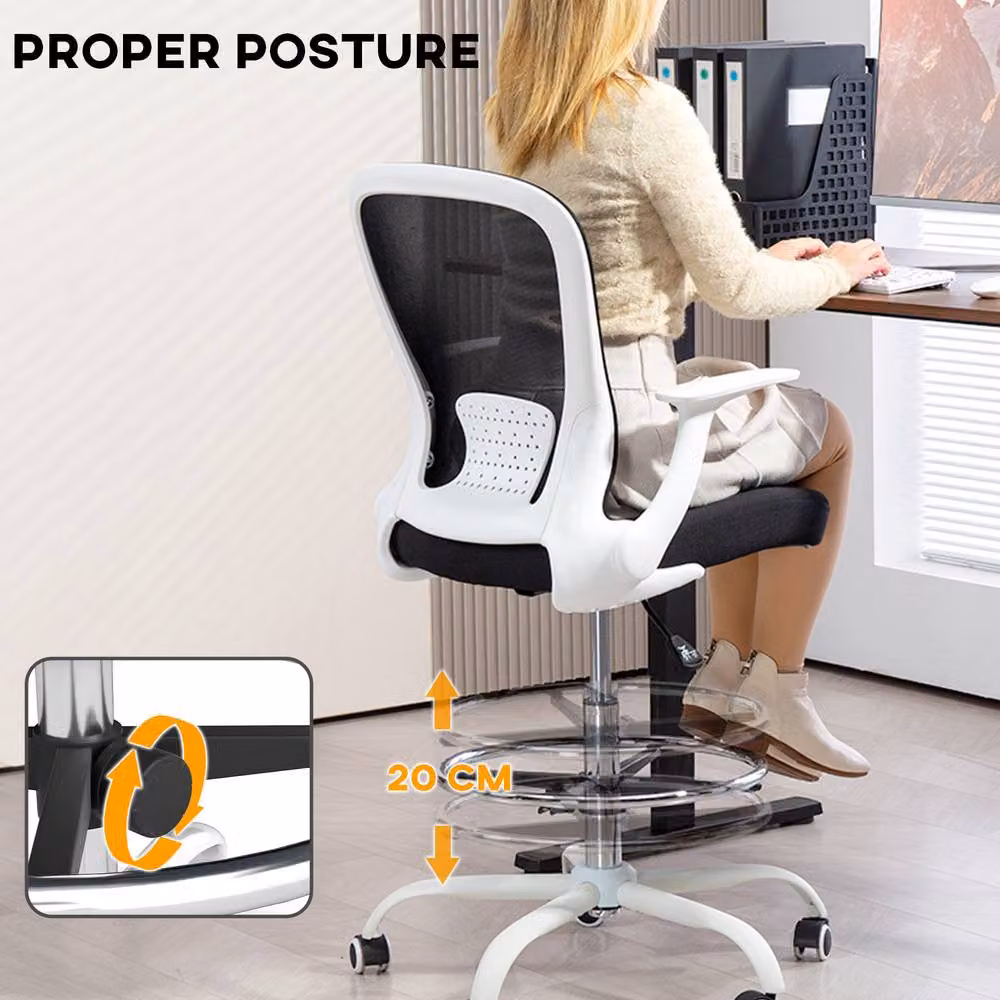 STILVORA Black Draughtsman Chair with Flip-up Armrests, Foot Ring and 360 Degree Swivel – 6