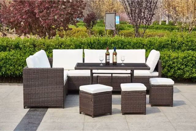 Life Interiors Minimalist Brown Rattan Garden Lounge Set with Glass Table