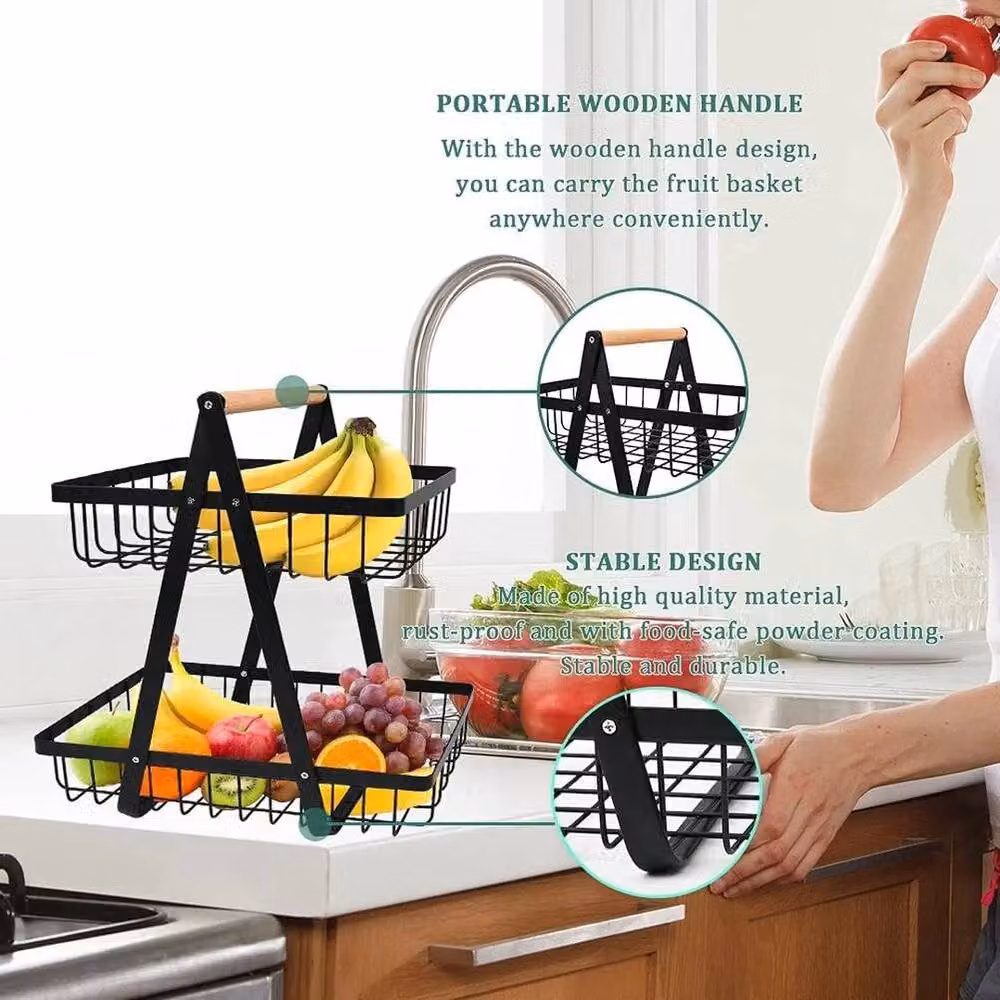 KORVIXA 2-Tier Metal Fruit Basket with Handle Holder in Black – 4