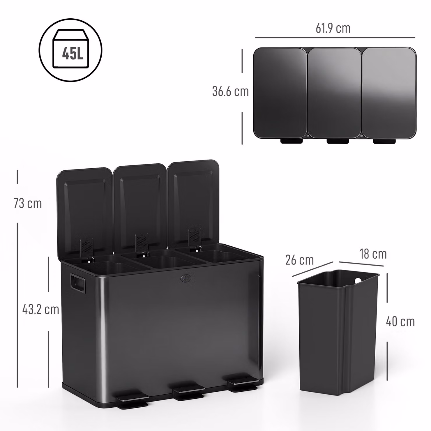HOMCOM Triple Steel Pedal Bin with Soft Close Lids and Removable Inner Buckets, Black – 3
