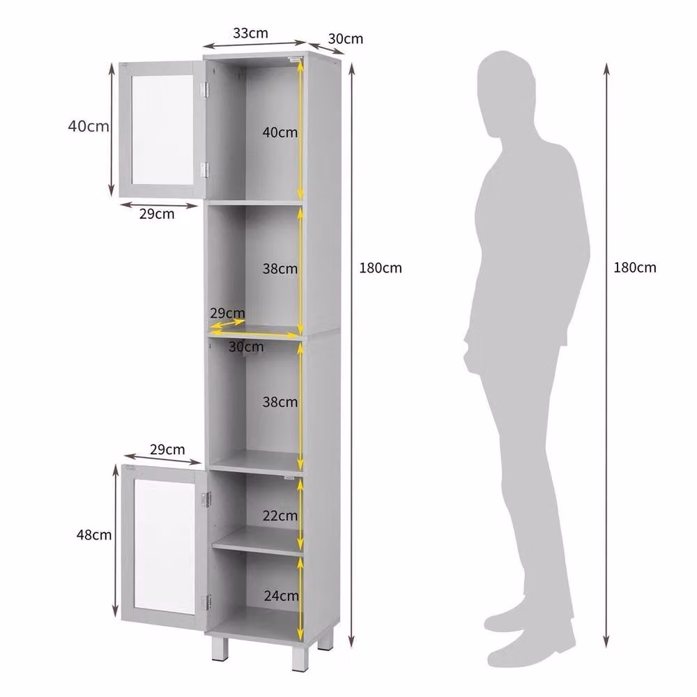 NESTLUNE Grey Slim Free-Standing Tall Bathroom Cabinet with Glass Doors and Internal Shelves – 2