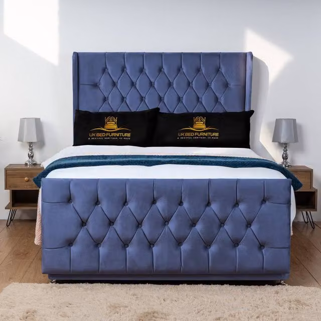 UK Bed Furniture Balamore Wingback Divan Bed Base with 54 Inch Headboard in Blue Velvet, Small Double, W/D/H: 120 x 200 cm
