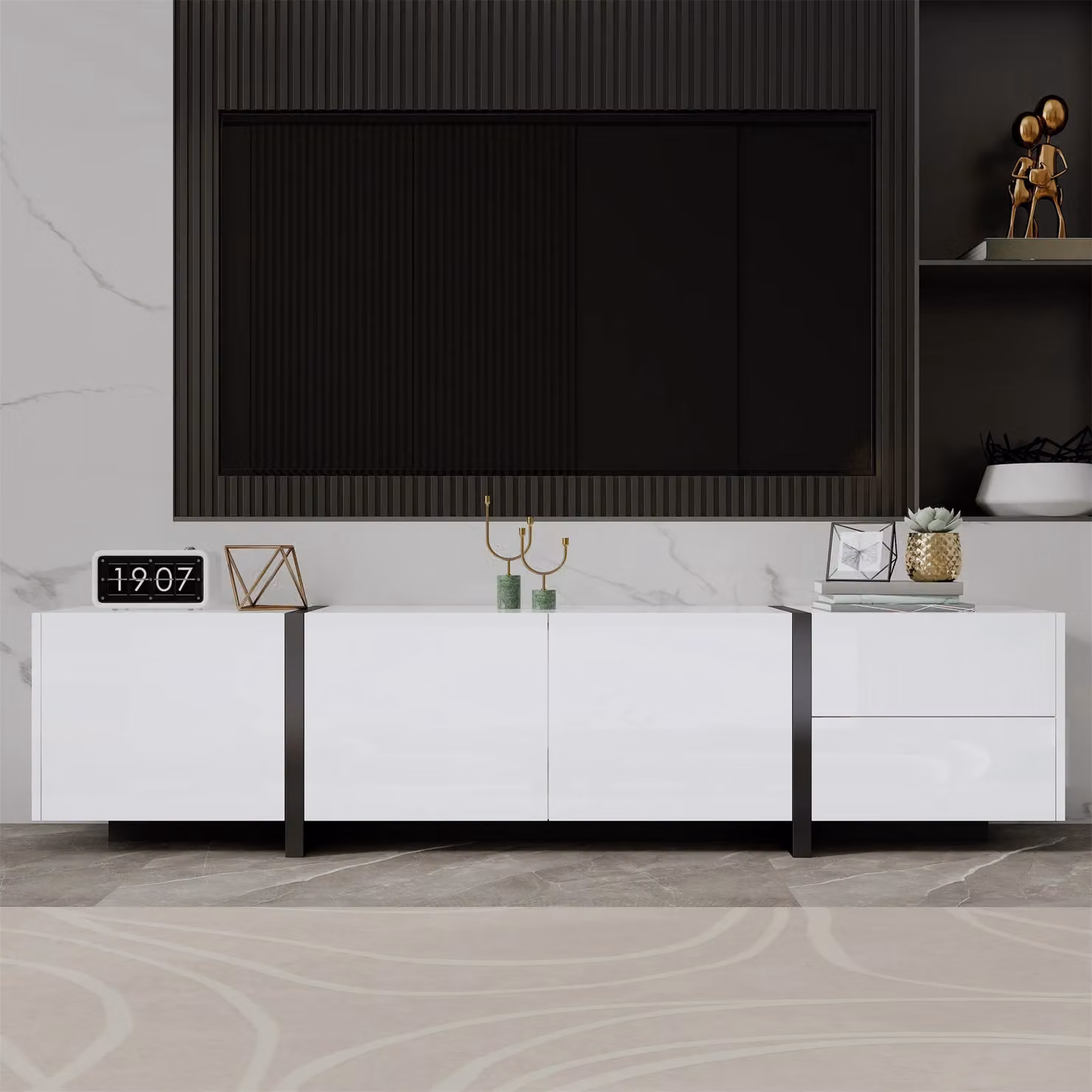 Matteo Modern High-Gloss Black and White Wood TV Unit with Integrated Lighting and Media Compartments – 2