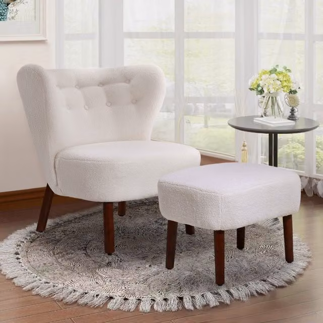 Livingandhome White Bouclé Tub Accent Chair and Ottoman Set