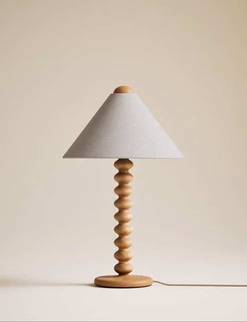 M&S Evelyn Wooden Bobbin Table Lamp in Brown and Grey