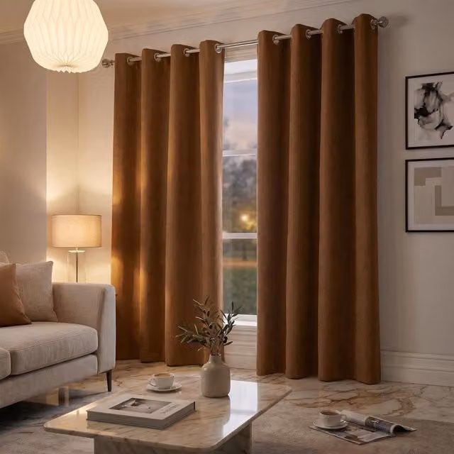 Livinluxury Brown Velvet Chenille Eyelet Ring Top Curtains, Width: 137 cm