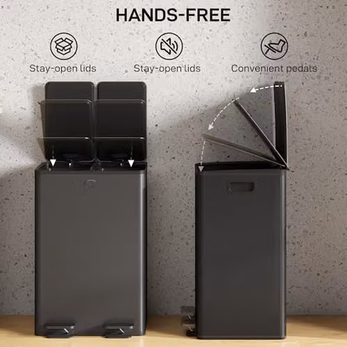 HOMCOM Dual Kitchen Pedal Bin with Soft Close Lids and Odour Filter, Black Stainless Steel, 2 x 28L – 5