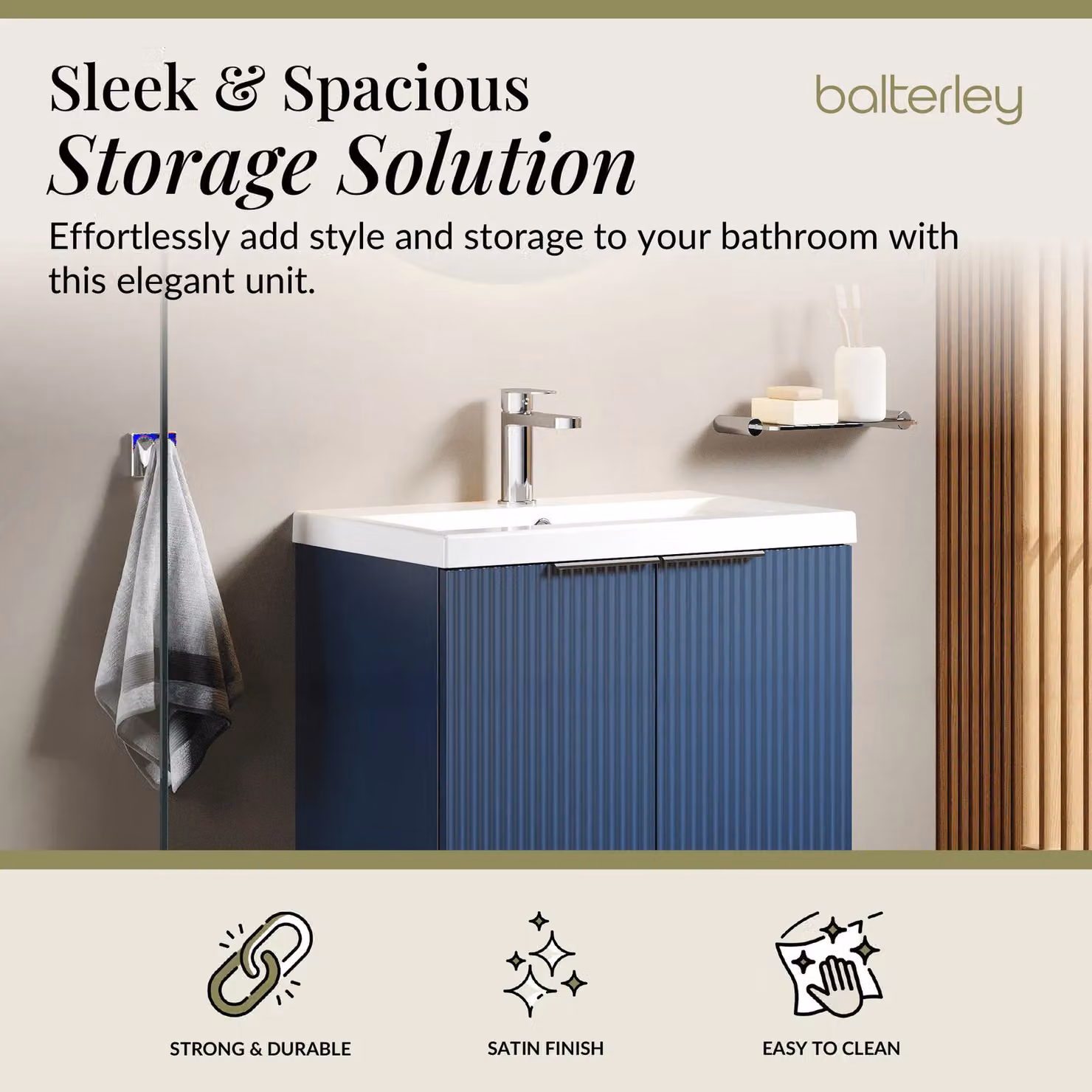Balterley Fluted Front Floor Standing 2 Door Vanity Basin Unit, Satin Blue, W: 60 cm, H: 85 cm – 2